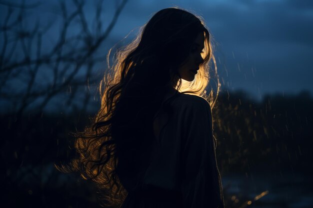 una donna con i capelli lunghi in piedi sotto la pioggia