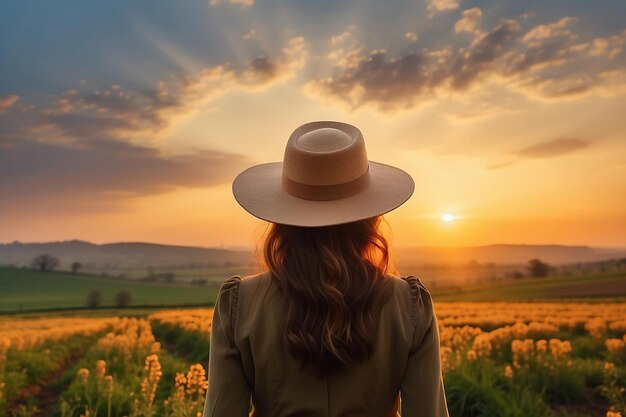 Una donna con i capelli lunghi in un cappello guarda il paesaggio primaverile o estivo all'alba