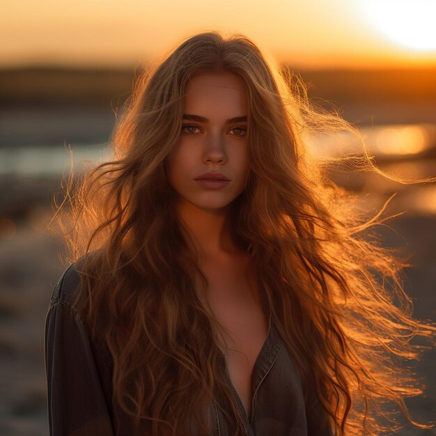 una donna con i capelli lunghi si trova su una spiaggia con il sole dietro di lei.