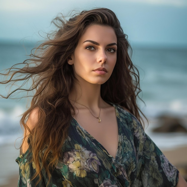 una donna con i capelli lunghi si trova su una spiaggia con l'oceano sullo sfondo.