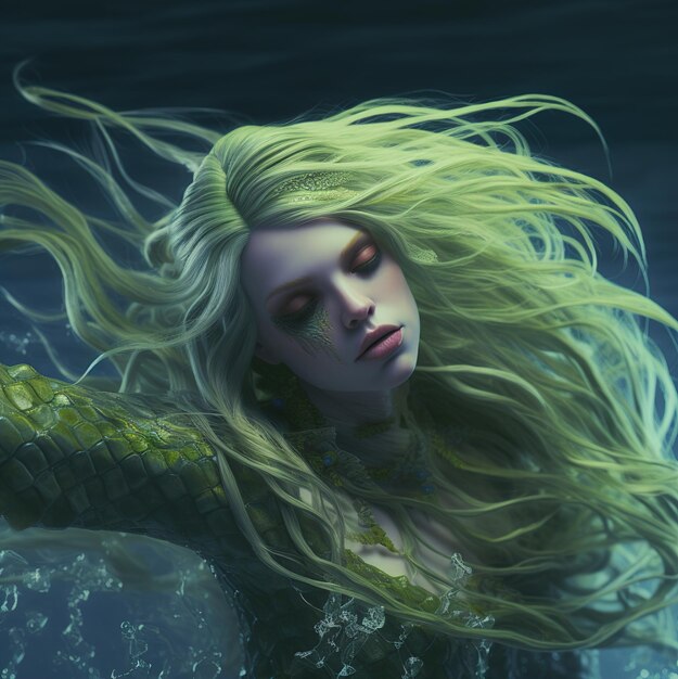 Una donna con i capelli lunghi sott'acqua con una sirena sotto il braccio.