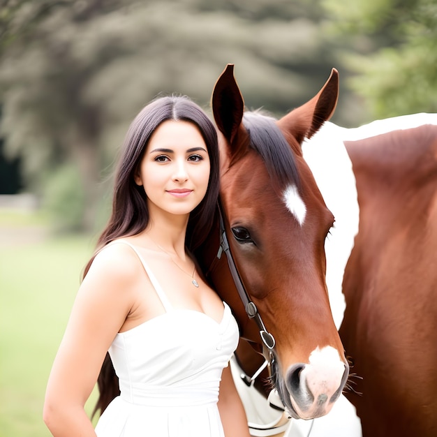 Una donna con i capelli lunghi sta accanto a un cavallo.