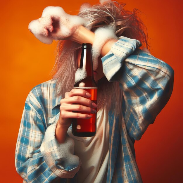 una donna con i capelli lunghi sta tenendo una bottiglia di birra