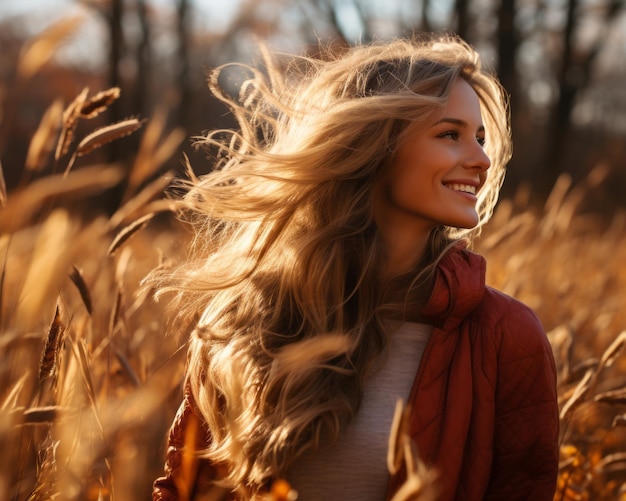 una donna con i capelli mossi dal vento in un campo