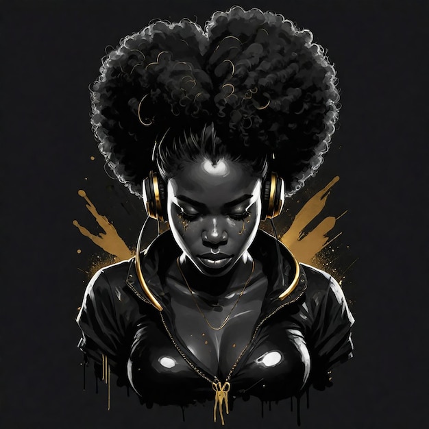 una donna con i capelli neri e uno sfondo nero con lettere d'oro