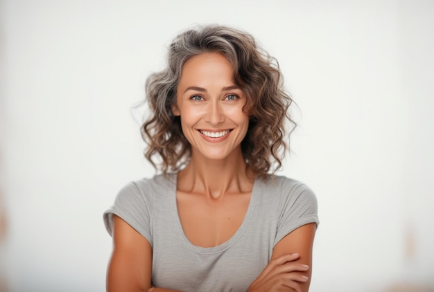 Una donna con i capelli ricci che indossa una camicia grigia con le braccia incrociate.