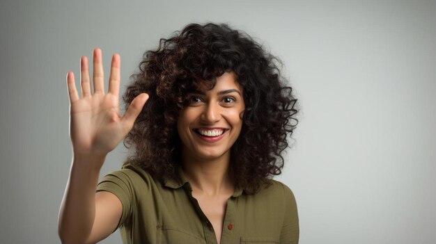 una donna con i capelli ricci che ondeggia di fronte a uno sfondo grigio