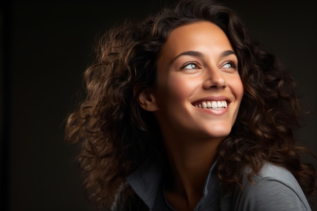 una donna con i capelli ricci che sorride e alza lo sguardo