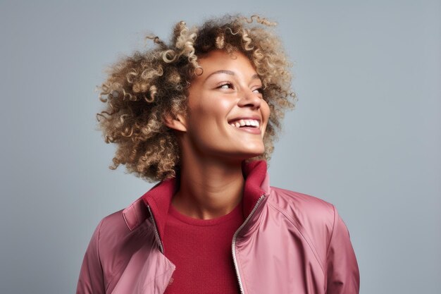 una donna con i capelli ricci che sorride e indossa una giacca rosa