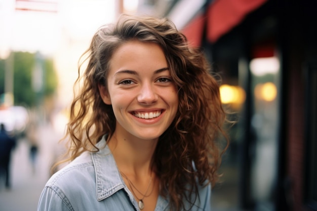 una donna con i capelli ricci che sorride in una città