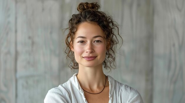 Una donna con i capelli ricci e gli occhi blu sorride alla telecamera