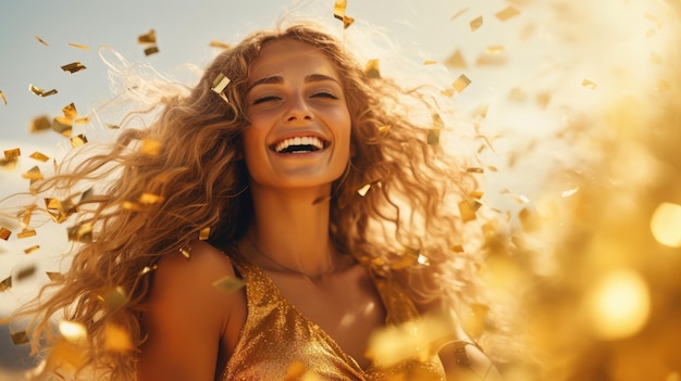 Una donna con i capelli ricci e i confetti dorati che cadono in aria.