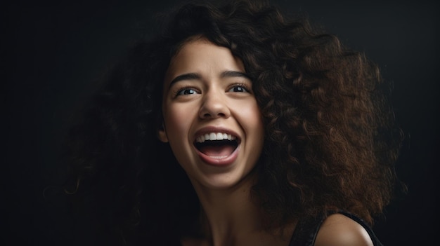 Una donna con i capelli ricci e un grande sorriso