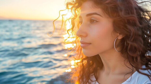 una donna con i capelli ricci e un top bianco è in piedi di fronte all'oceano