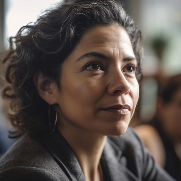 Una donna con i capelli ricci e una giacca grigia guarda a sinistra.