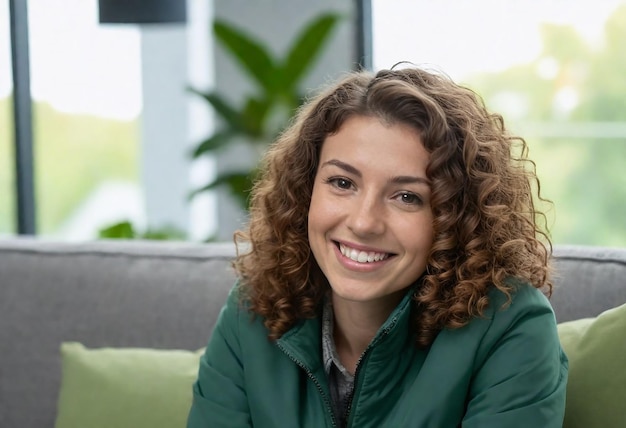 una donna con i capelli ricci e una giacca verde