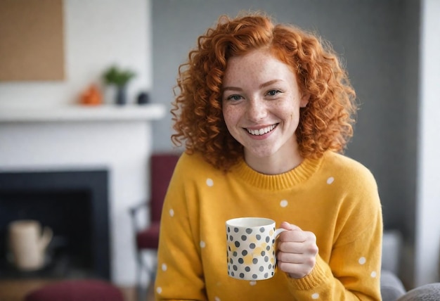 una donna con i capelli ricci rossi sta sorridendo e tiene in mano una tazza di caffè