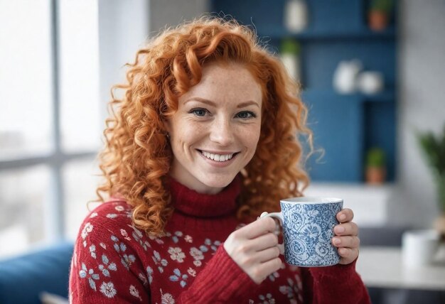 una donna con i capelli ricci rossi tiene una tazza di caffè