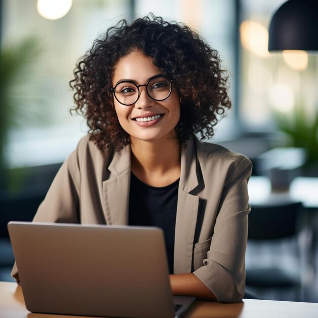 una donna con i capelli ricci si siede a un tavolo con un laptop