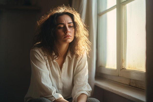 una donna con i capelli ricci si siede davanti a una finestra