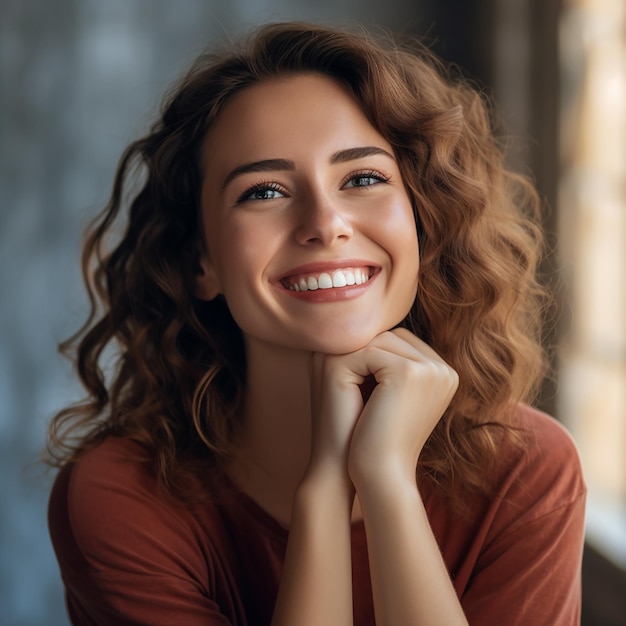 una donna con i capelli ricci sorride con la mano sul mento.