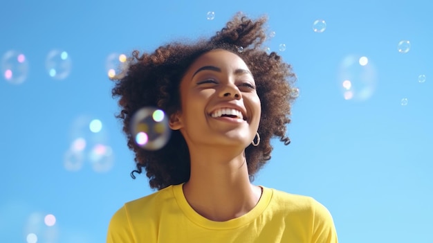 Una donna con i capelli ricci sorride e guarda il cielo il cielo è blu e limpido e ci sono molte bolle che galleggiano attorno a lei le bolle sono di diverse dimensioni e colori