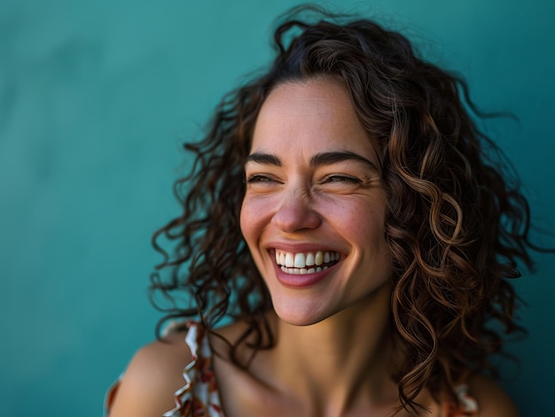 Una donna con i capelli ricci sorridendo