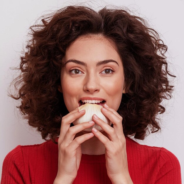 una donna con i capelli ricci sta mangiando una banana