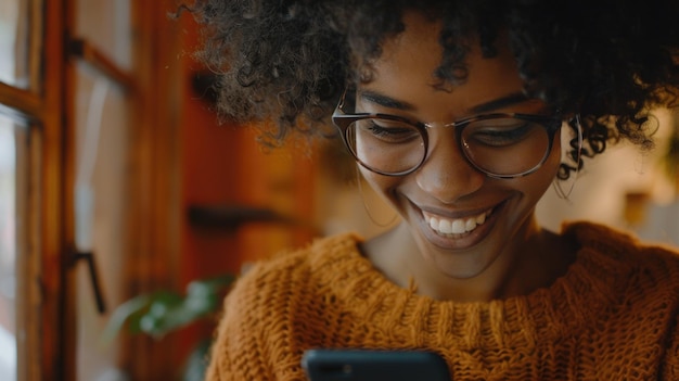 Una donna con i capelli ricci sta sorridendo mentre guarda il suo cellulare