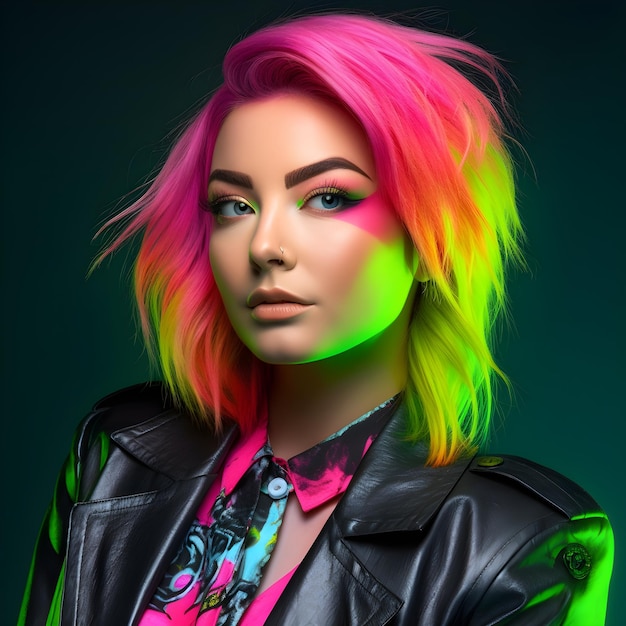 Una donna con i capelli rosa brillante e una giacca nera con colori al neon.