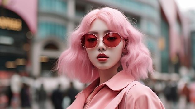 Una donna con i capelli rosa che indossa occhiali da sole