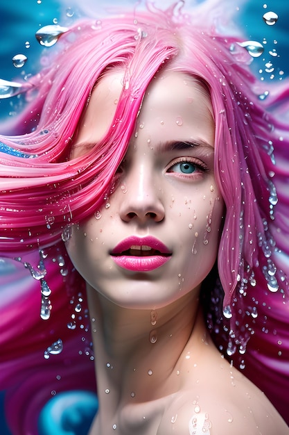 Una donna con i capelli rosa e gli occhi azzurri