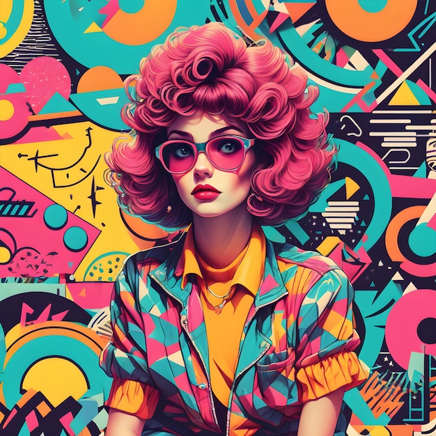 una donna con i capelli rosa e gli occhiali sta posando di fronte a una parete colorata con un modello colorato