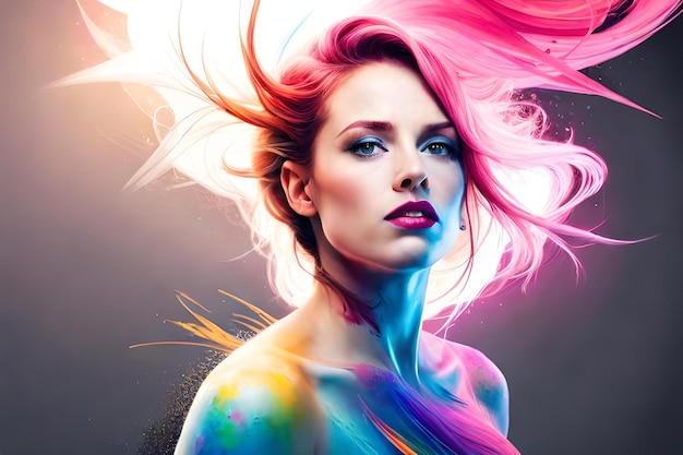 Una donna con i capelli rosa e i capelli color arcobaleno