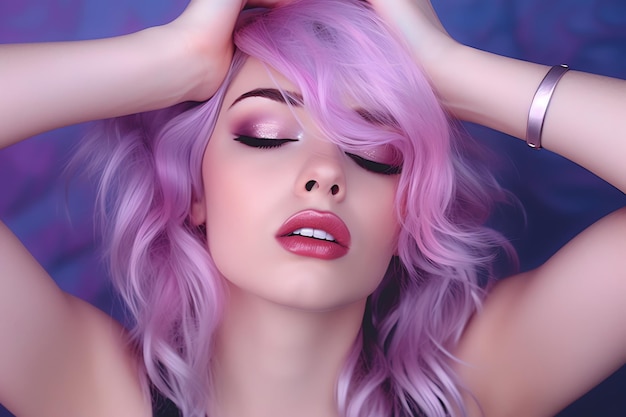 Una donna con i capelli rosa e l'eyeliner viola