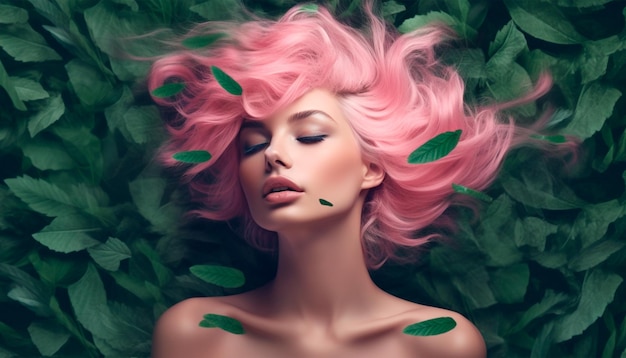 Una donna con i capelli rosa e le foglie verdi sulla testa