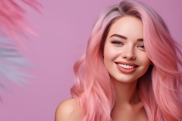 Una donna con i capelli rosa e le labbra rosa sorride davanti a uno sfondo rosa