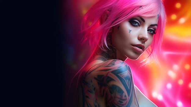 Una donna con i capelli rosa e tatuaggi sul petto