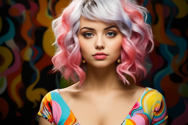 Una donna con i capelli rosa e un vestito colorato sta posando per la foto AI generativa