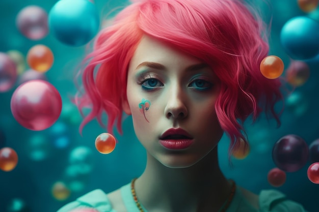 Una donna con i capelli rosa e uno sfondo blu con bolle nel mezzo