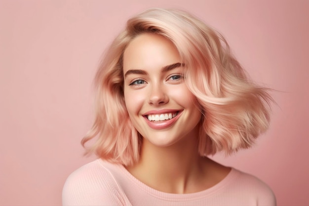 Una donna con i capelli rosa sorride alla telecamera.