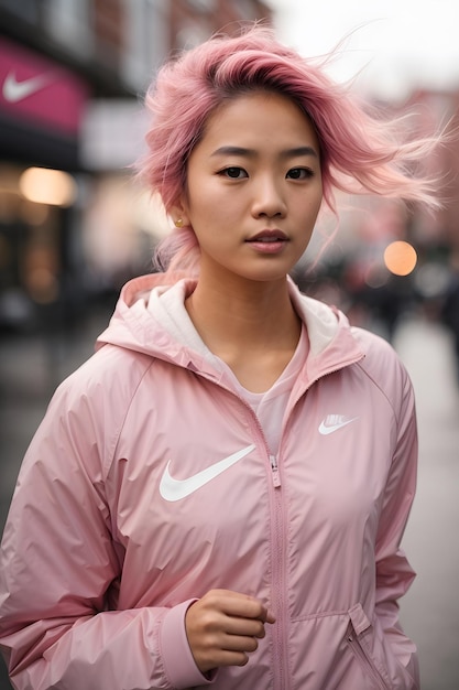 Una donna con i capelli rosa vivaci e una giacca rosa abbinata