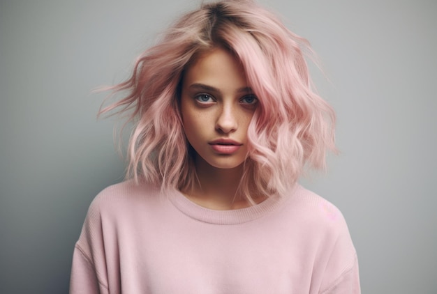 Una donna con i capelli rosa