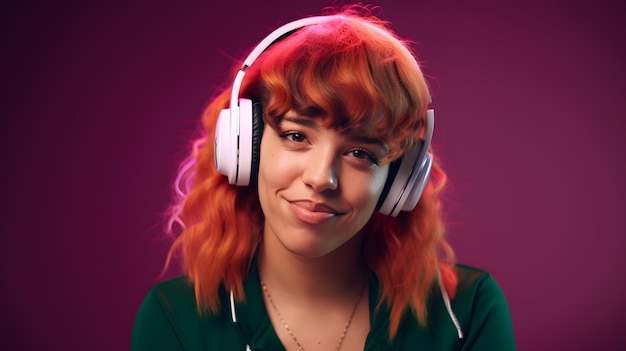 Una donna con i capelli rossi che indossa le cuffie e una camicia verde sta sorridendo.