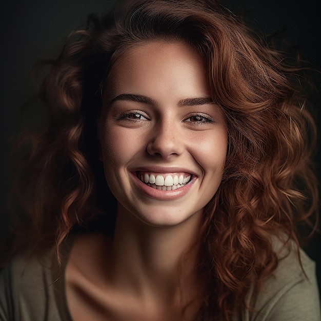 una donna con i capelli rossi che sorride e indossa una maglietta verde.