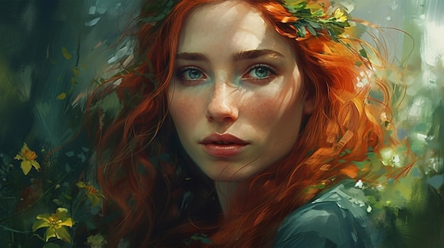 Una donna con i capelli rossi e foglie sulla testa