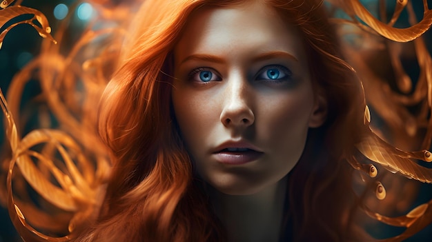 Una donna con i capelli rossi e gli occhi azzurri guarda la telecamera.