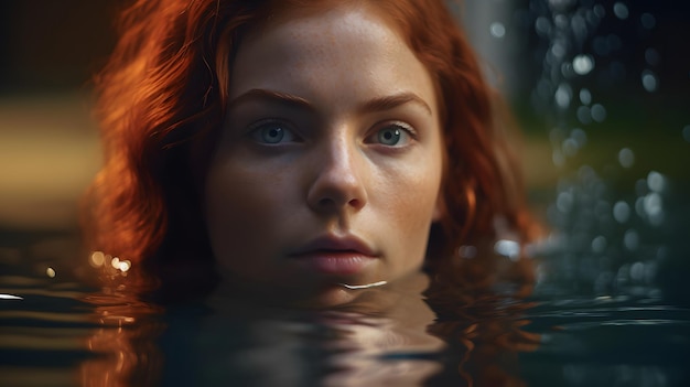 Una donna con i capelli rossi e gli occhi azzurri nuota nell'acqua.