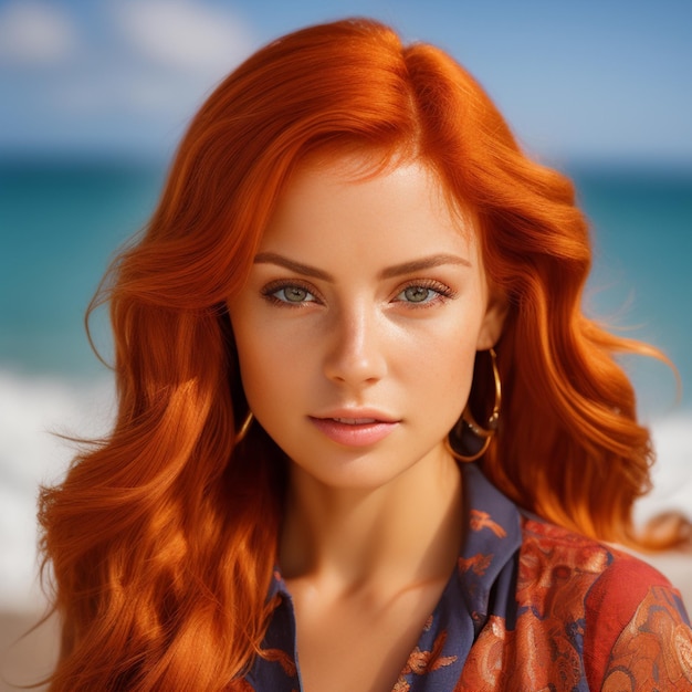 Una donna con i capelli rossi e gli occhi azzurri si trova su una spiaggia.