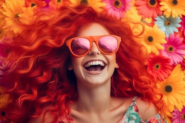 Una donna con i capelli rossi e gli occhiali da sole giace su uno sfondo colorato di fiori.